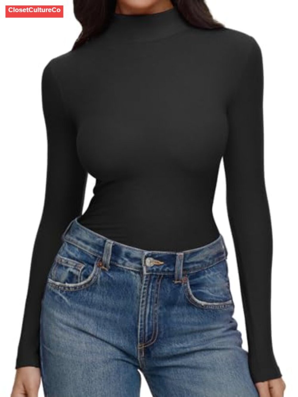 Ribbed Mock Neck Long Sleeve Turtleneck Top Slim Stretch Layering Shirt